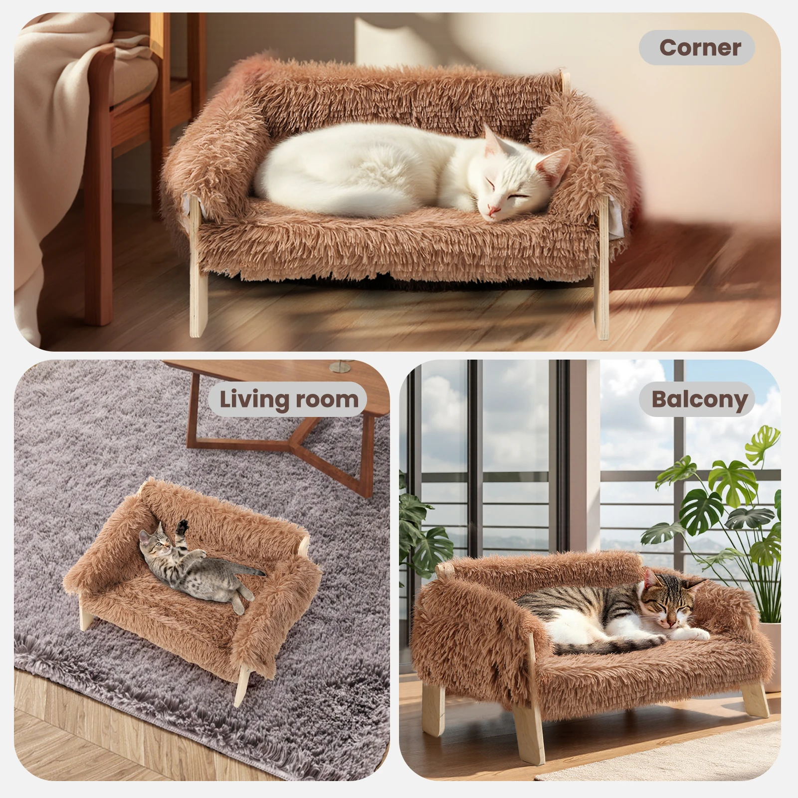 Large Cat Bed Sturdy Wooden Leg Raised Plush Cat Sofa Bed Kitten Bed for Indoor Cats - Soft Cat Couch - Image 4