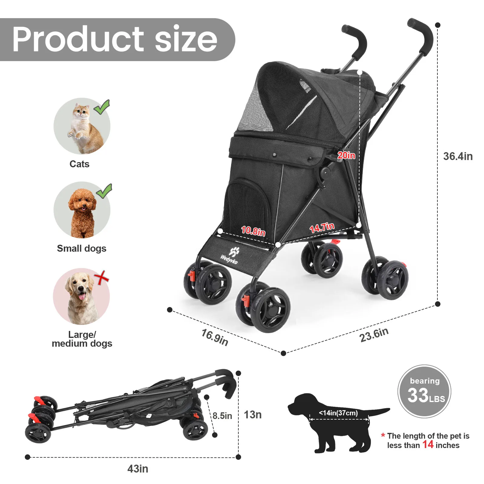 Wedyvko Pet Dog Stroller 4 Wheels Puppy Stroller Rotate with Brakes Storage for Dogs Cats Travel Pet Suplies Outdoor 애완견 유모차 - Image 2