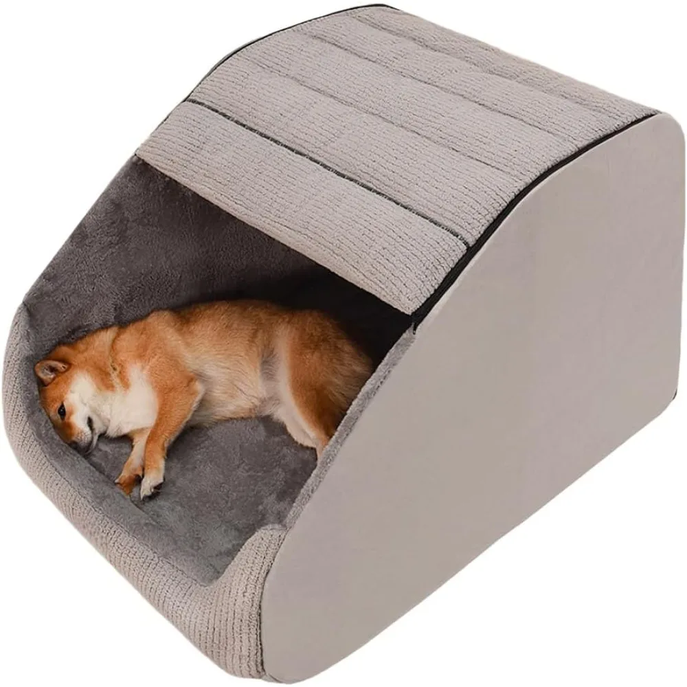 extra large dog bed house, cozy dog house indoor, memory sponge, plush dog cave bed crate cushion with non-slip bottom(Grey, L)