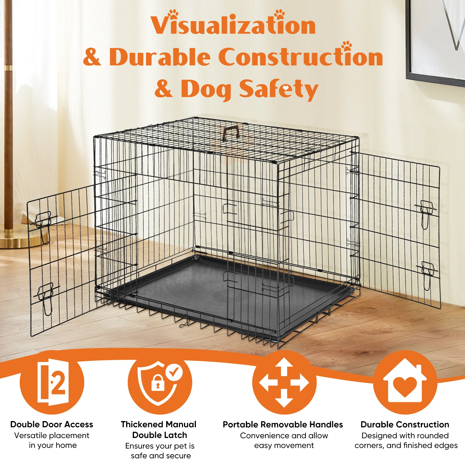 JHK Double Door Folding Metal Wire Dog Cage with Plastic Leak-Proof Pan Tray Extra Large Pet Kennel for Indoor Outdoor Travel - Image 3