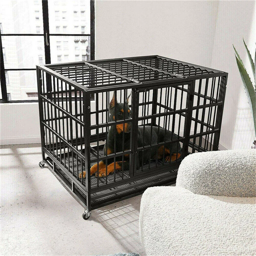 XXL Large Heavy Duty Dog Crate Strong Pet Cage Tear Resistant Square Tube Metal Kennel Playpen with Lockable Wheels and Tray - Image 4