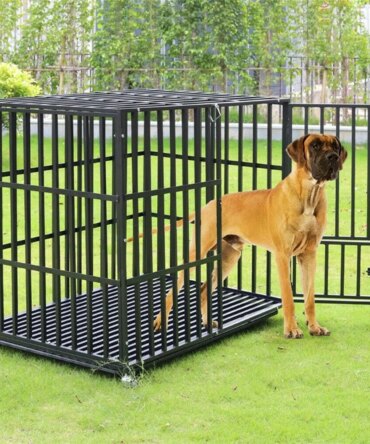 XXL Large Heavy Duty Dog Crate Strong Pet Cage Tear Resistant Square Tube Metal Kennel Playpen with Lockable Wheels and Tray