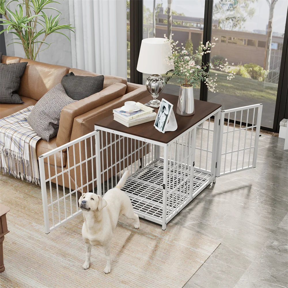 Large Wooden Dog Crate Indoor Furniture Style Elevated Pet Dog Cage Kennel End Table Lattice Playpen with 3 Doors Removable Tray - Image 4