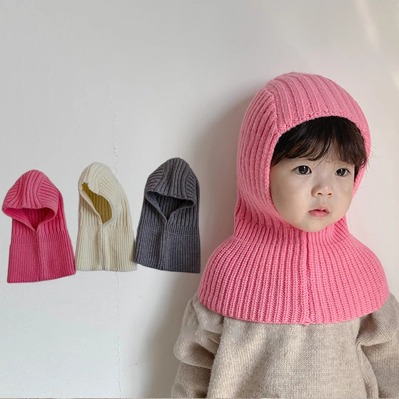 Korean Baby Knit Hat Scarf One Piece Winter Warm Toddler Ear Protection Cap Solid Color Wool Beanie Caps Kids Balaclava Hats - Image 3
