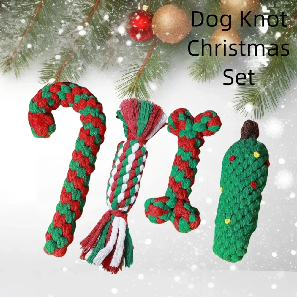 Christmas Pet Cotton Rope Cane Toy Set Bite-resistant Molar Interactive Dog Toy Teeth Clean Festive Toy For Small Medium Dogs