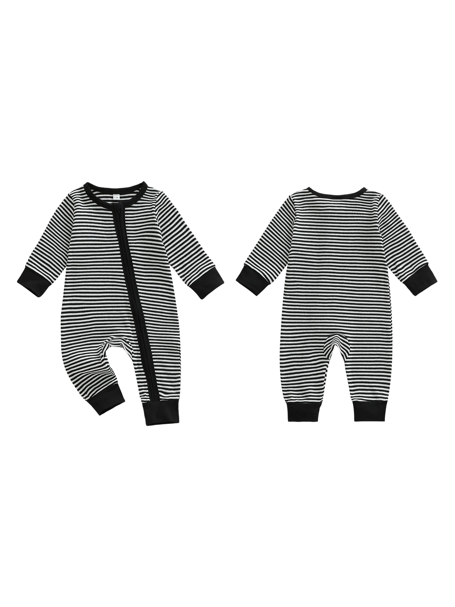 Infant Boy Striped Long Sleeve Zip Up Romper with Round Neck and Full Length Jumpsuit for Baby Boy - Image 2