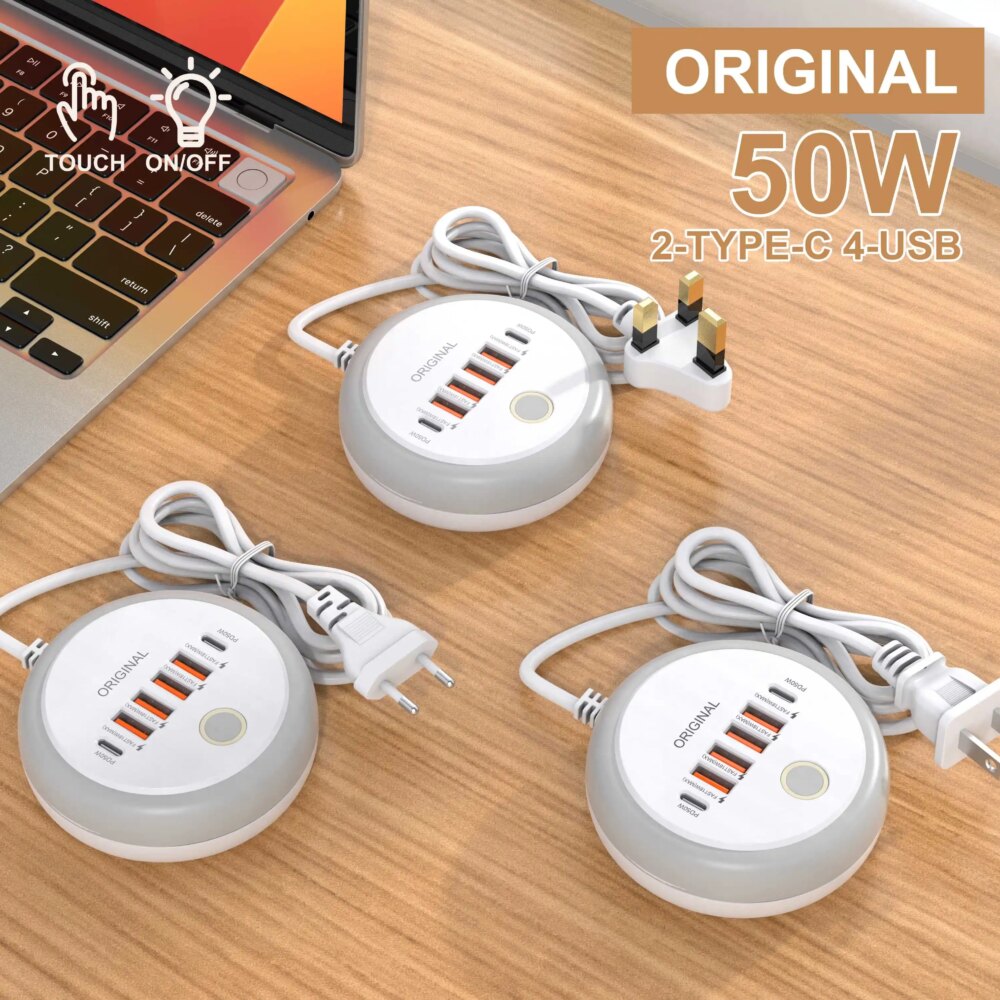 50W USB PD Charger 6 Ports Fast Charging Travel Charger For iPhone Samsung Xiaomi Phone Adapter Quick Charge3.0 Charging Station