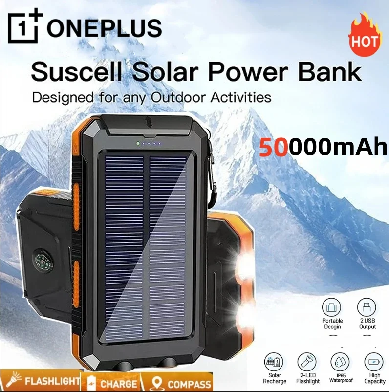ONEPLUS 50000mAh Solar Power Bank Portable Charging Poverbank External Battery Charger Strong Light LDE Light for iphone Samsung