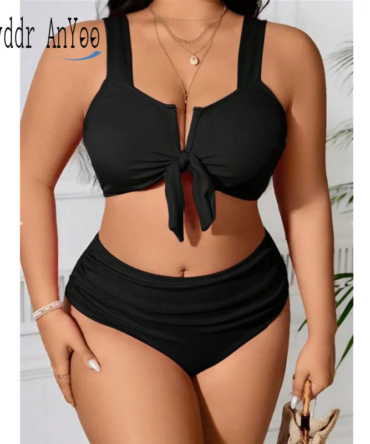 Women's Swimsuit 2025 Plus Size Ribbed Bikinis Sets Two Piece High Waist Black Tummy Control Bathing Suit Swimwear