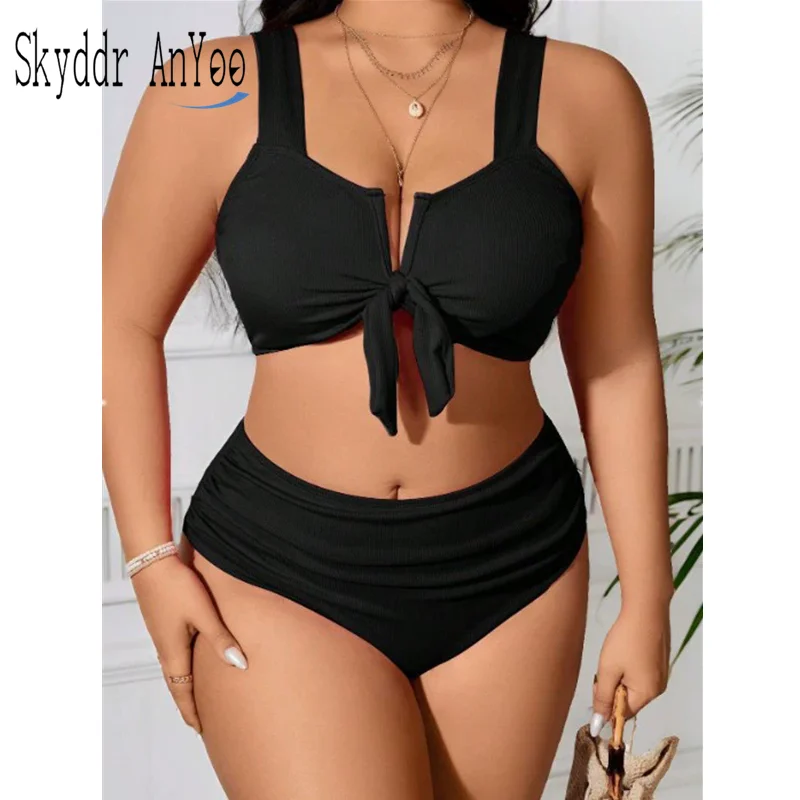 Women's Swimsuit 2025 Plus Size Ribbed Bikinis Sets Two Piece High Waist Black Tummy Control Bathing Suit Swimwear