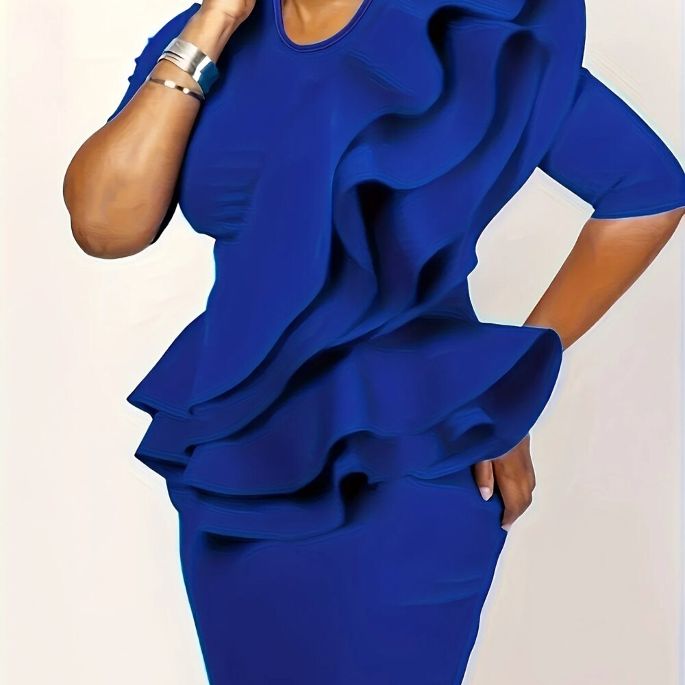 Women'S Plus Size Ruffle Peplum Dress, Solid Color, Round Neck, Stretch Polyester, Elegant Ruffle Hem, All-Season Fashion