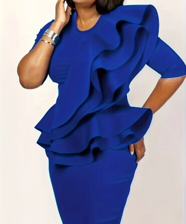 Women'S Plus Size Ruffle Peplum Dress, Solid Color, Round Neck, Stretch Polyester, Elegant Ruffle Hem, All-Season Fashion