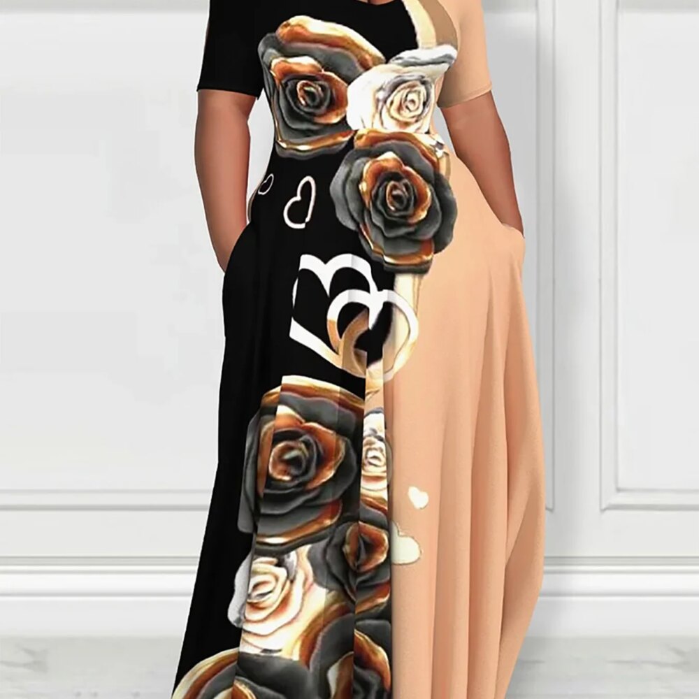 Plus - Size Color - Block Rose Dress! Black & Brown Patchwork, Flattering & Stylish
