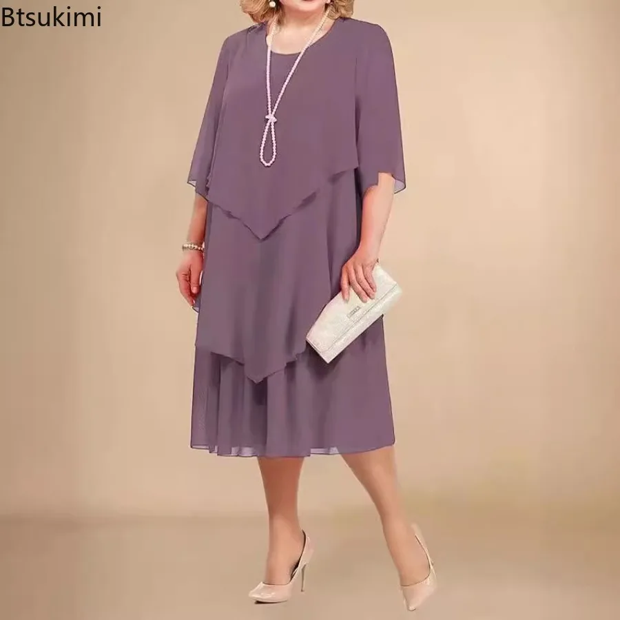 Plus Size Elegant Chiffon Dress Women's Irregular Layered Hem Flowy Midi Dress Fashion Party Wedding Guest Summer O-neck Dresses