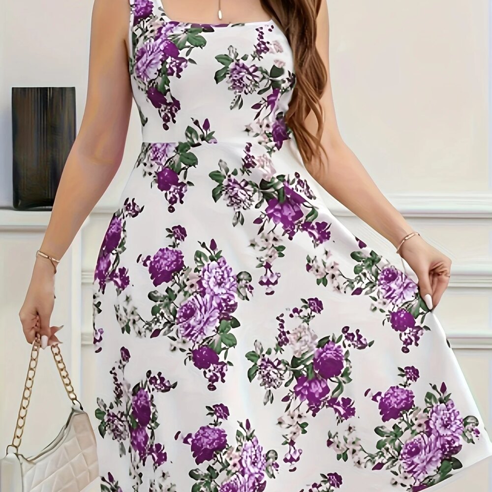 2025 New Plus Size Floral Print Square Neck Sleeveless Dress - Flared Skirt, Stretchy Fabric, Machine Washable, Spring/Summer Ca