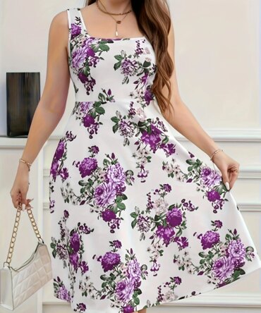 2025 New Plus Size Floral Print Square Neck Sleeveless Dress - Flared Skirt, Stretchy Fabric, Machine Washable, Spring/Summer Ca