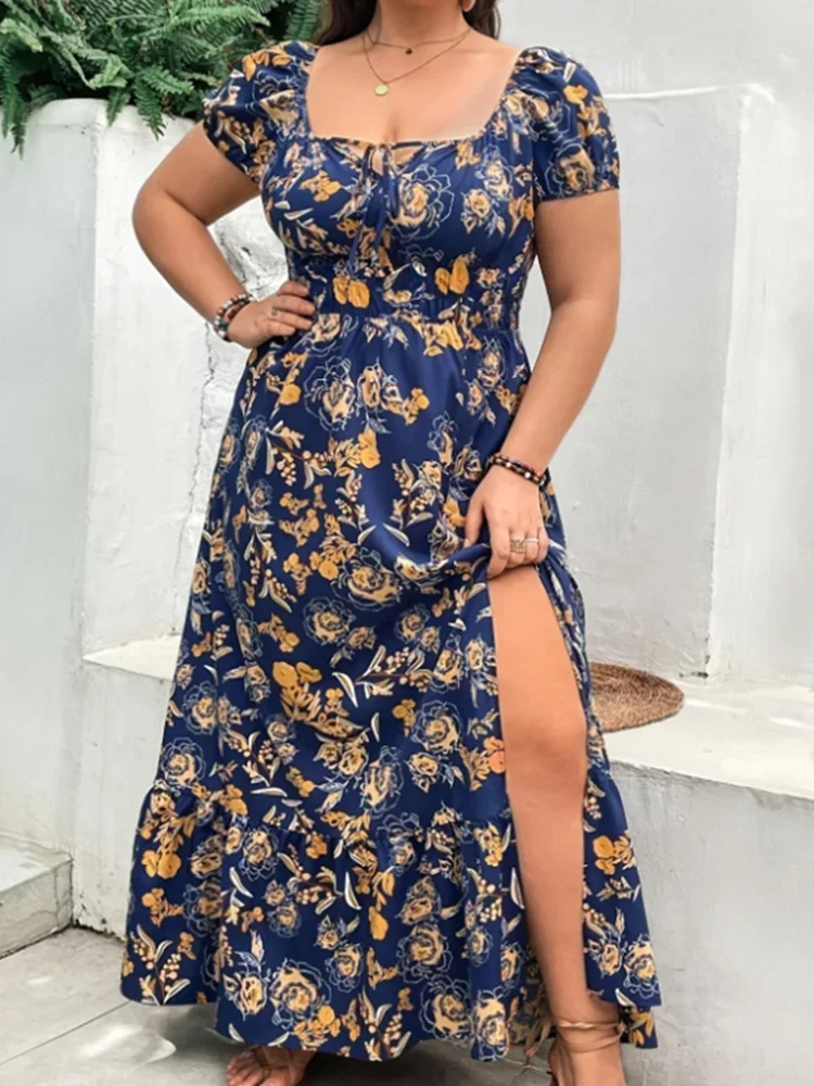 Plus Size Women 1XL-5XL Suitable for Outdoor Flower Casual Long Party Dress Women Fashion Print Loose Summer Dress - Image 3