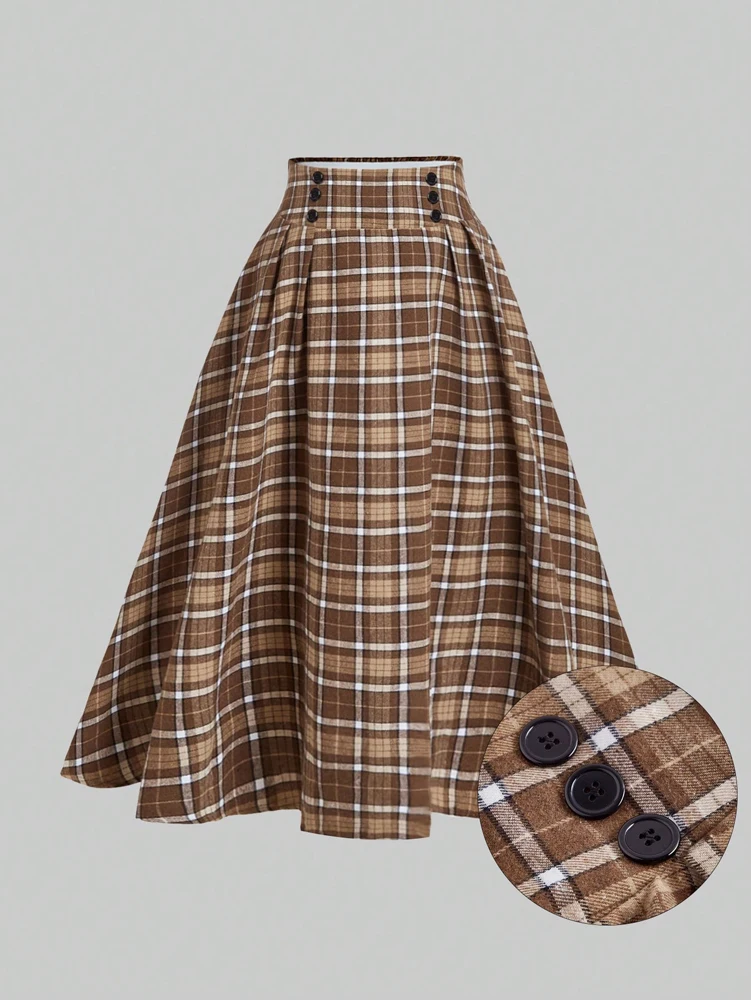 plus Size Vintage Artistic Brushed Plaid Versatile A-Line Half-length Skirt