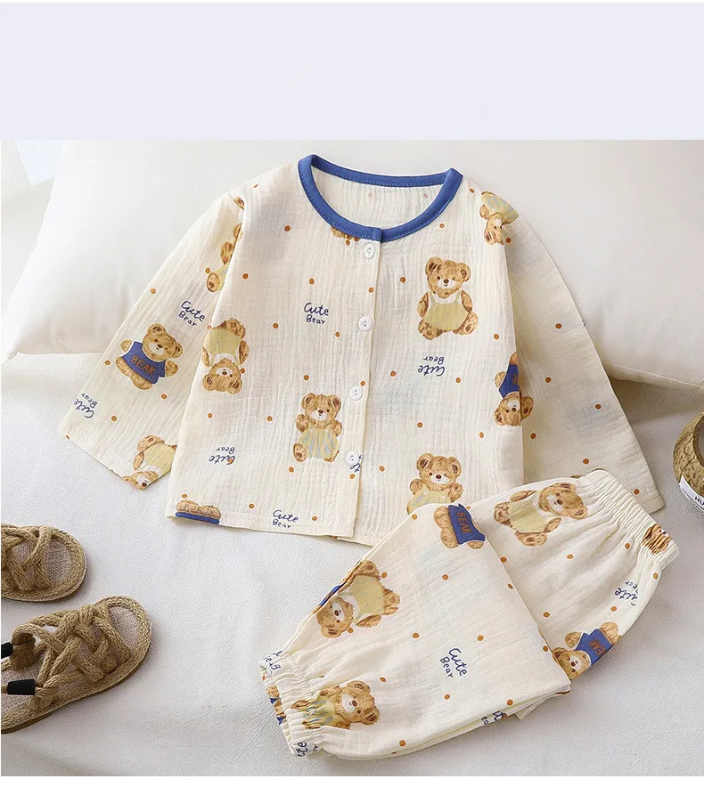 Girls Summer Cotton Gauze Thin Pajamas Home Wear Cartoon Floral Print Long Sleeve Lace Trimmed Sleepwear Baby Clothing Set - Image 6