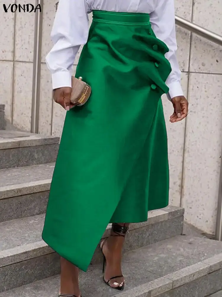 Plus Size 5XL VONDA Elegant Satin Skirts Women High Waist Button Pleated Asymmetrical Maxi Jupes Fashion Solid Long Faldas Saia