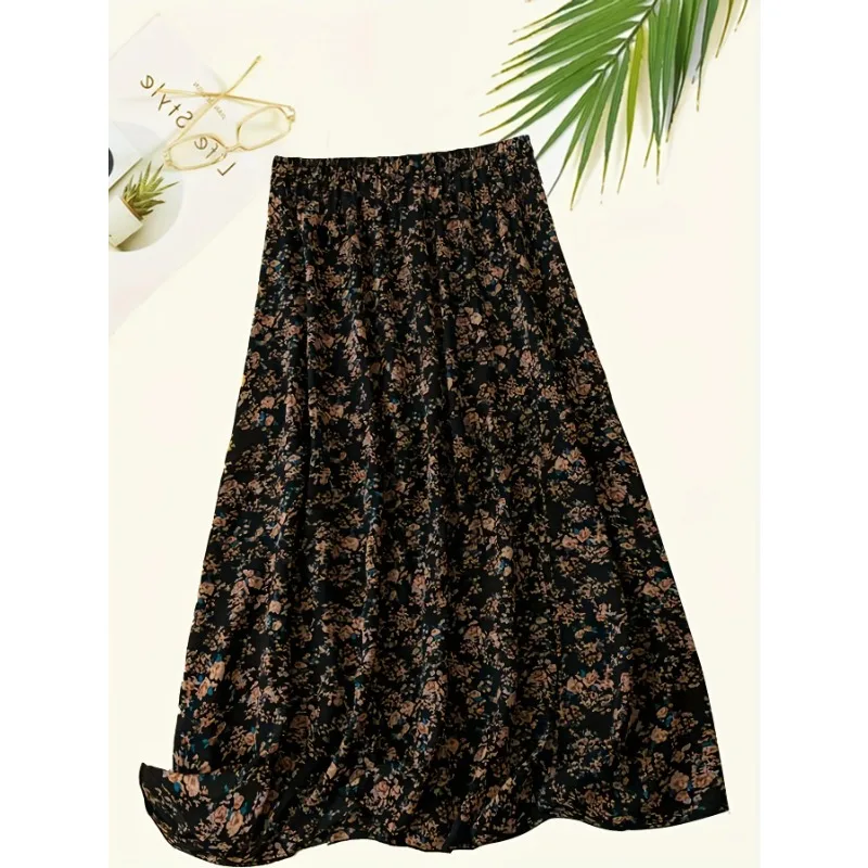 Plus Size 1XL-5XL New Summer Women's ALL-season Fashionable Floral Print Skirt Women's Casual Elastic Waist Skirt