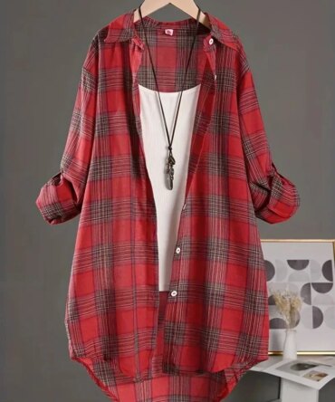 Plus Size Korean Style Plaid Blouses Medium Long Casual Style Shirt Loose Women All Match Long Sleeved Shirts Sunscreen Blouses