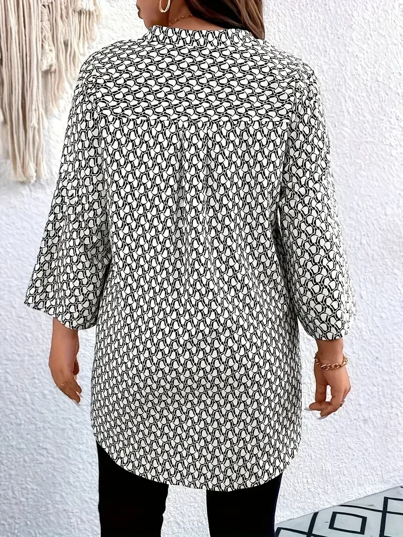 Plus Size 1XL-5XL Women's All Over Print Notch Neck Blouse Casual 3/4 Sleeve Blouse for Spring & Fall Women's Plus Size Clothing - Image 2