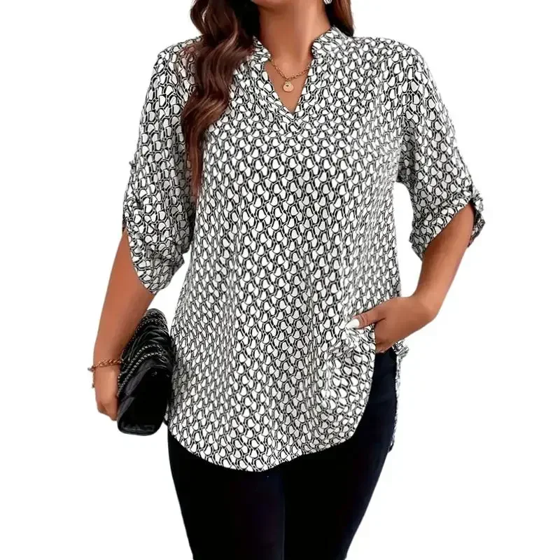 Plus Size 1XL-5XL Women's All Over Print Notch Neck Blouse Casual 3/4 Sleeve Blouse for Spring & Fall Women's Plus Size Clothing - Image 5