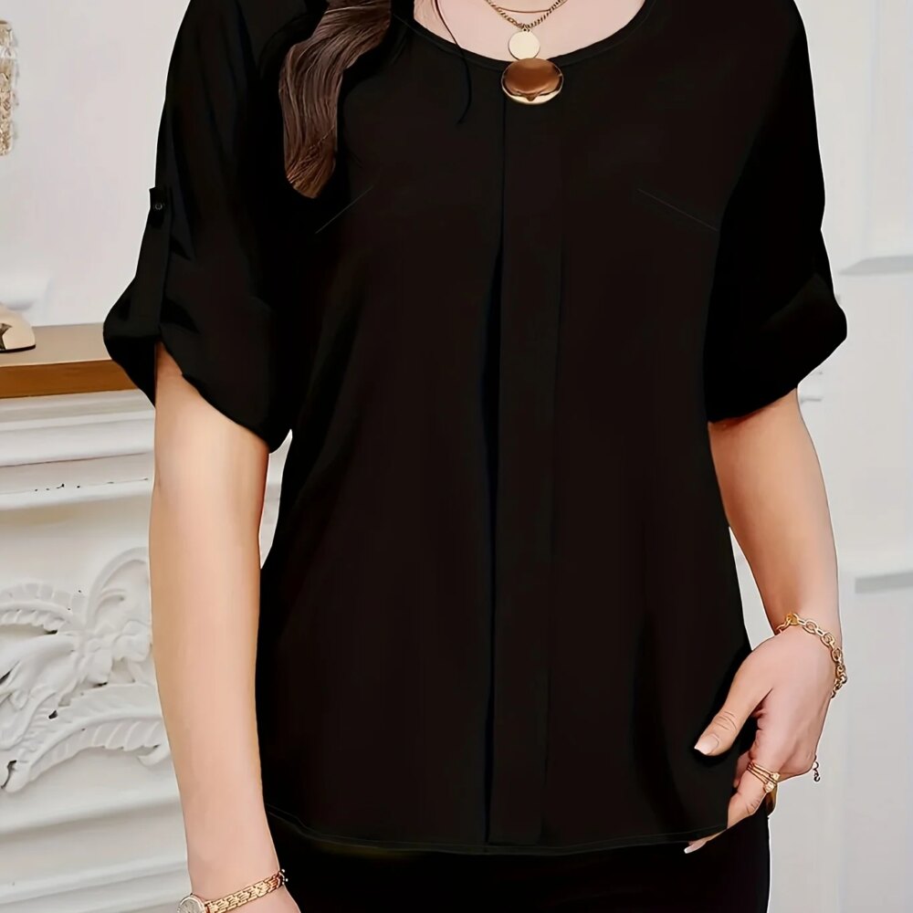 Women's plus size casual summer woven solid color shirt