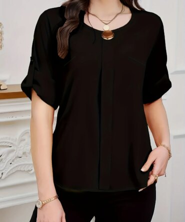 Women's plus size casual summer woven solid color shirt