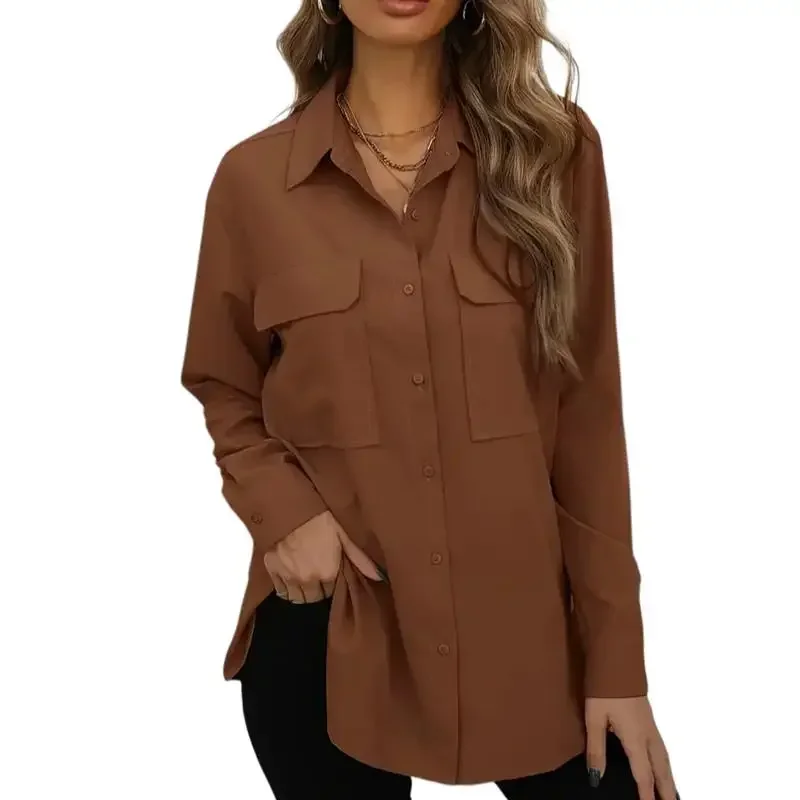 Plus Size 1Xl-5XL Women's Fashion Blouse Women's Solid Button Up Long Sleeve Turn Down Collar Blouse Pockets - Image 5