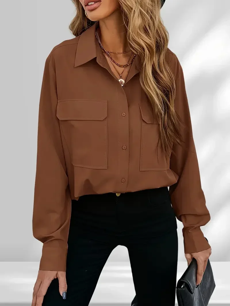 Plus Size 1Xl-5XL Women's Fashion Blouse Women's Solid Button Up Long Sleeve Turn Down Collar Blouse Pockets - Image 2