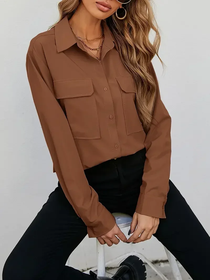 Plus Size 1Xl-5XL Women's Fashion Blouse Women's Solid Button Up Long Sleeve Turn Down Collar Blouse Pockets - Image 4