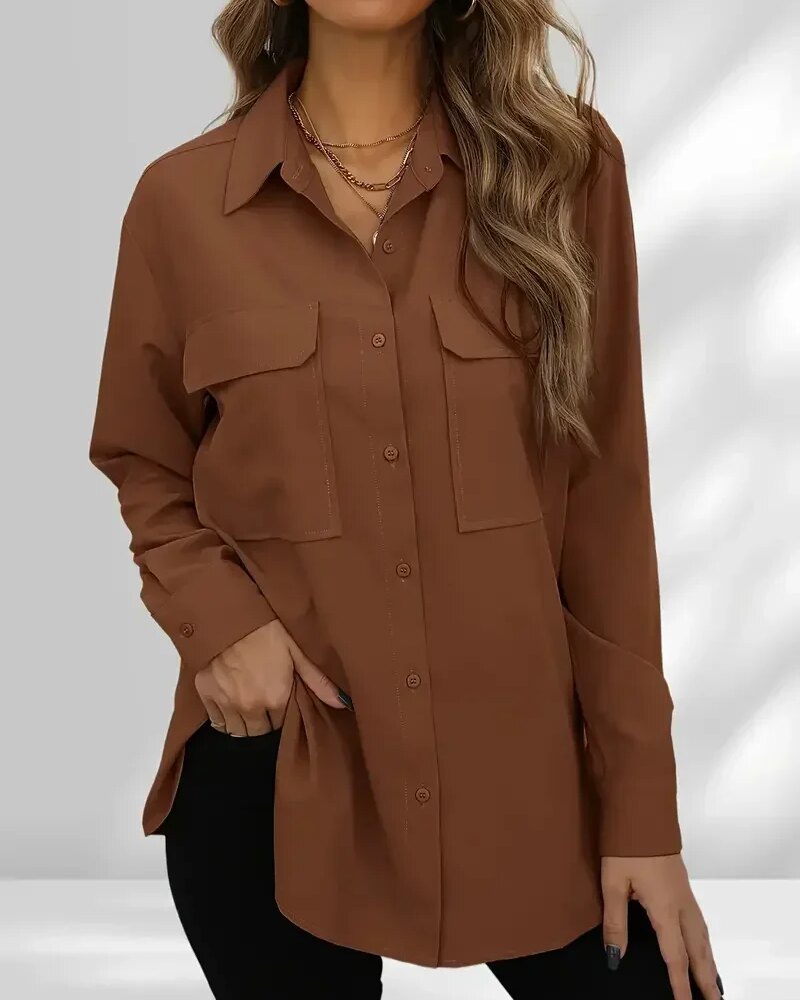 Plus Size 1Xl-5XL Women's Fashion Blouse Women's Solid Button Up Long Sleeve Turn Down Collar Blouse Pockets