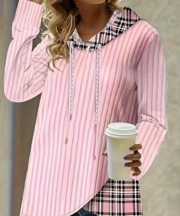 Women Plus Size 1XL-5XL Casual Hoodie Sweatshirt Pullover Women's Colorblock Plaid Print Long Sleeve Drawstring Hoodie