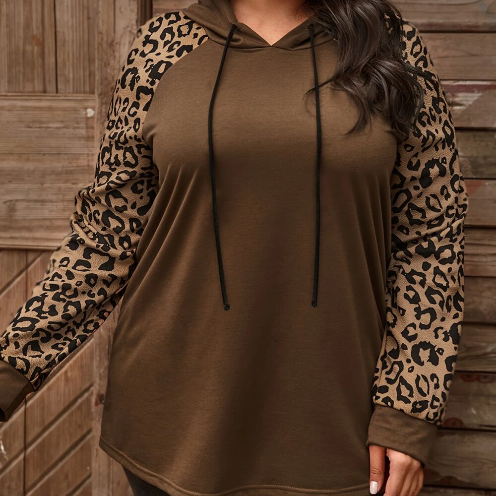 Women's Plus Size Olive Green Hoodie with Leopard Print Raglan Sleeves - Casual Chic Outfit