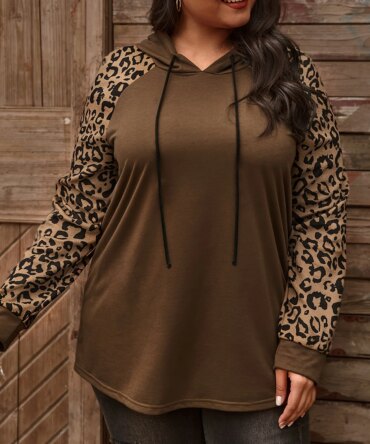 Women's Plus Size Olive Green Hoodie with Leopard Print Raglan Sleeves - Casual Chic Outfit