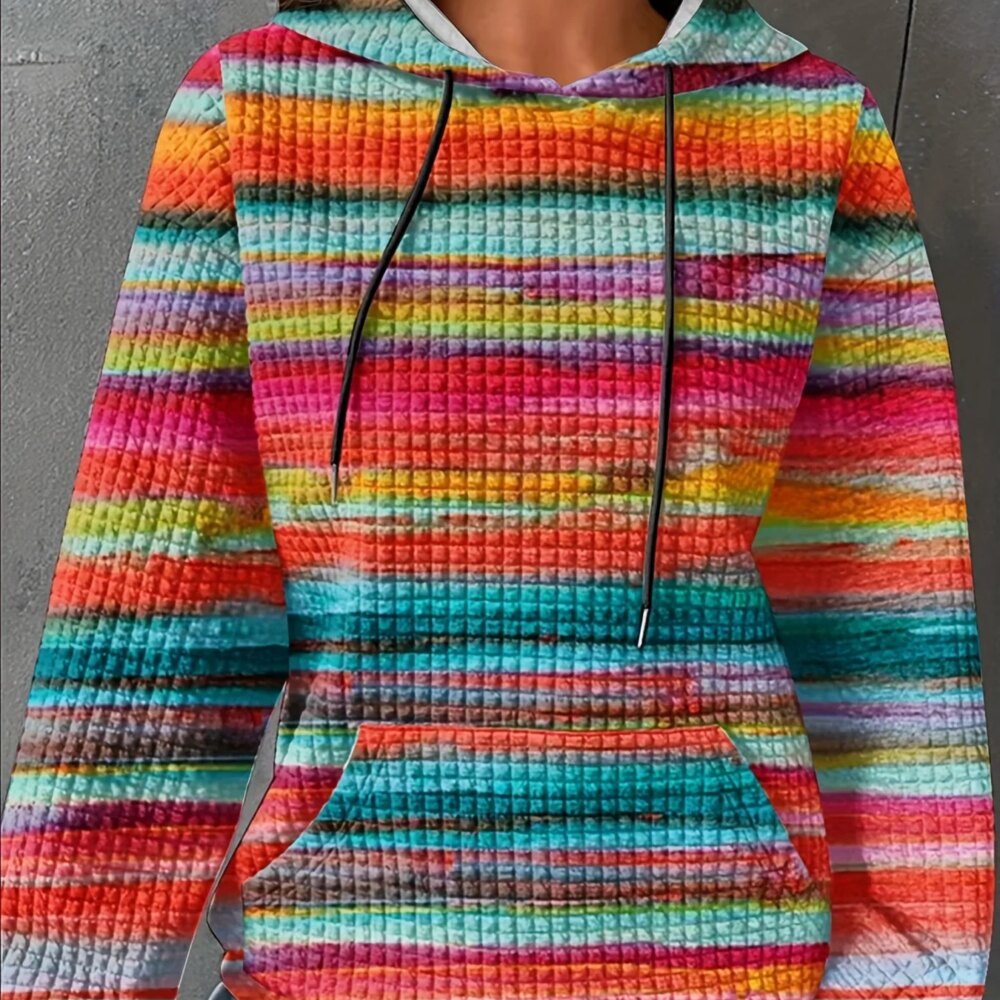 Women's Plus Size Striped Waffle Drawstring Hoodie Casual Long Sleeve Kangaroo Pocket Hooded Sweatshirt For Fall&Winter Clothing