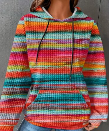 Women's Plus Size Striped Waffle Drawstring Hoodie Casual Long Sleeve Kangaroo Pocket Hooded Sweatshirt For Fall&Winter Clothing