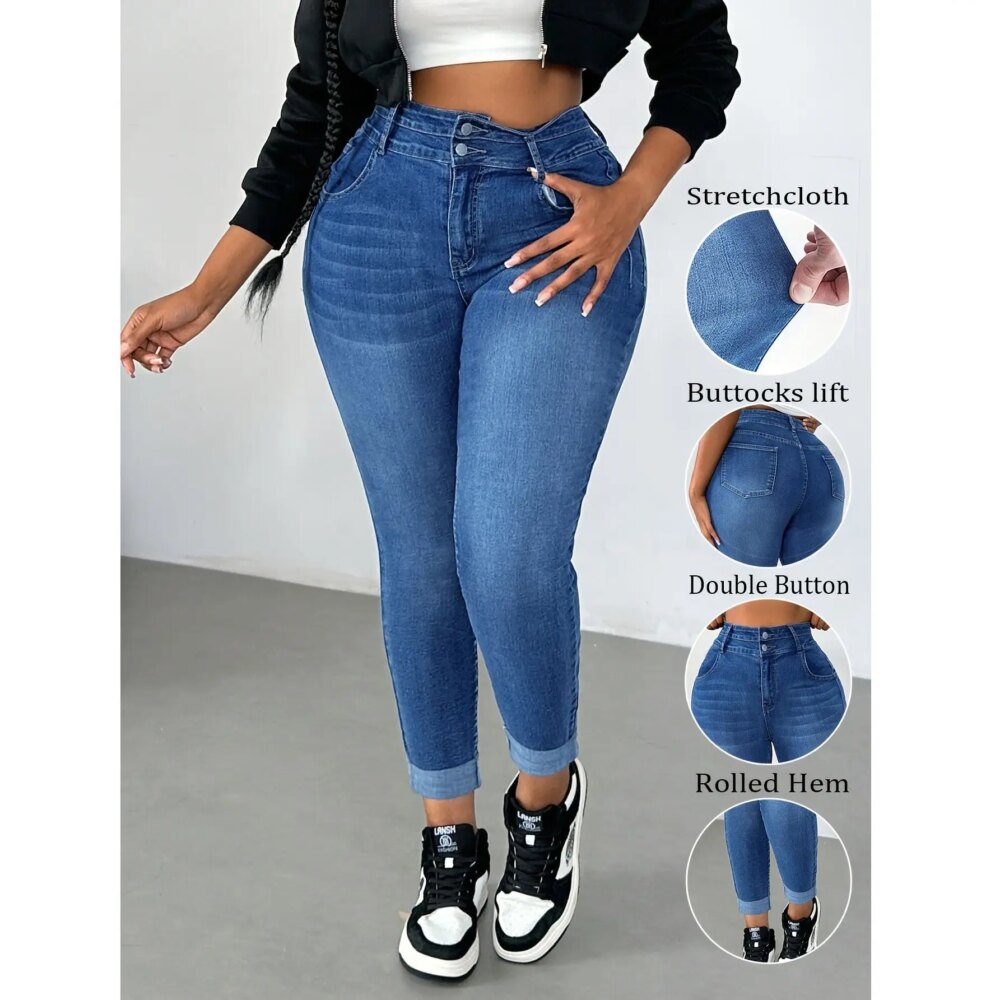 Plus Size 5XL 4XL  Fashion  Women's Jeans Pencil Denim Trousers Butt Lifting Style Blue