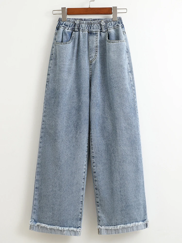 Plus Size Jeans For Women New 2025 High Elastic Waist Wide Leg Denim Pants With Pockets Korean Style Fashion Tassel Loose Jeans
