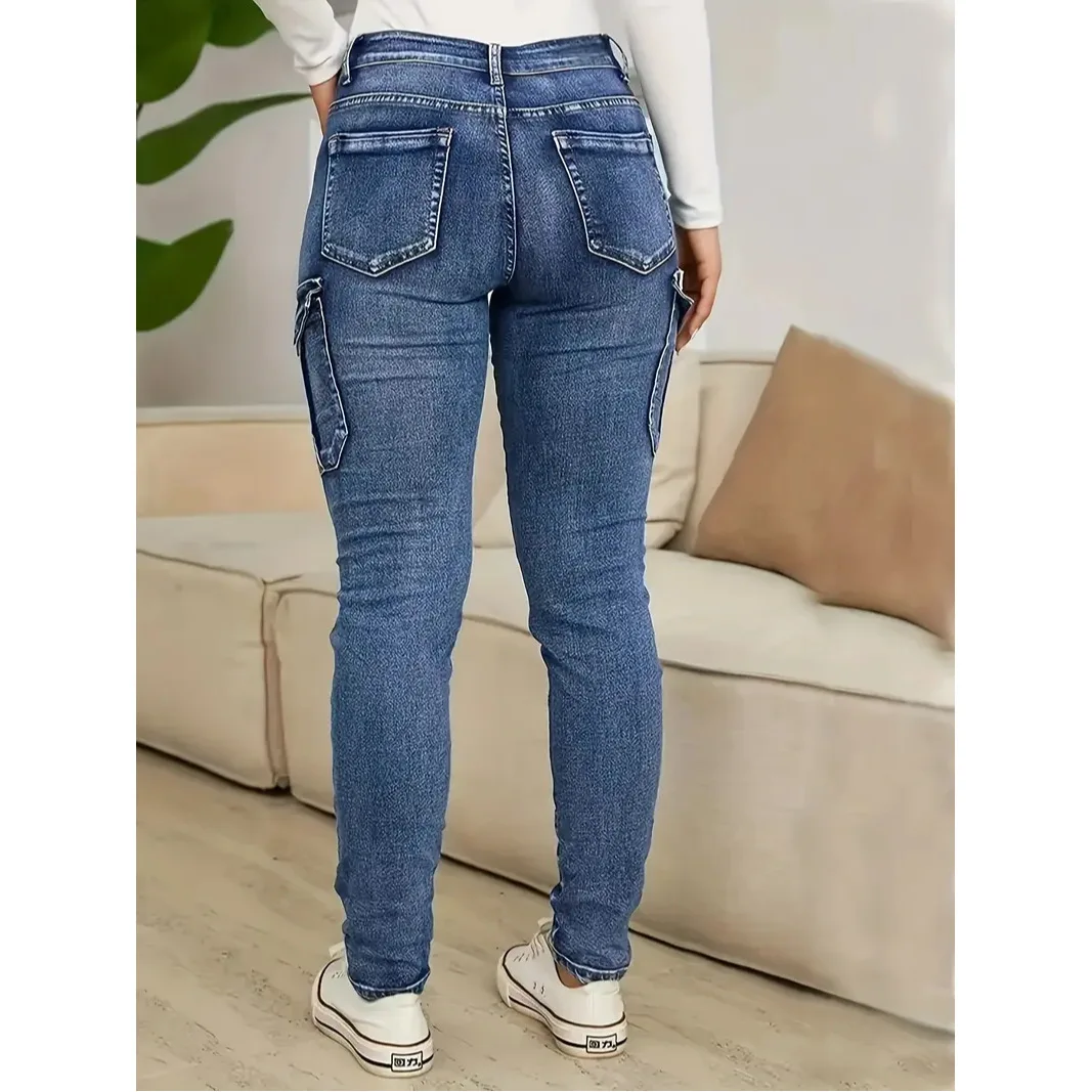 Plus Size Women's High Elastic Skinny Jeans Autumn Winter New Style Large Size Cross-Border Multiple Pockets Blue Denim Pants - Image 3