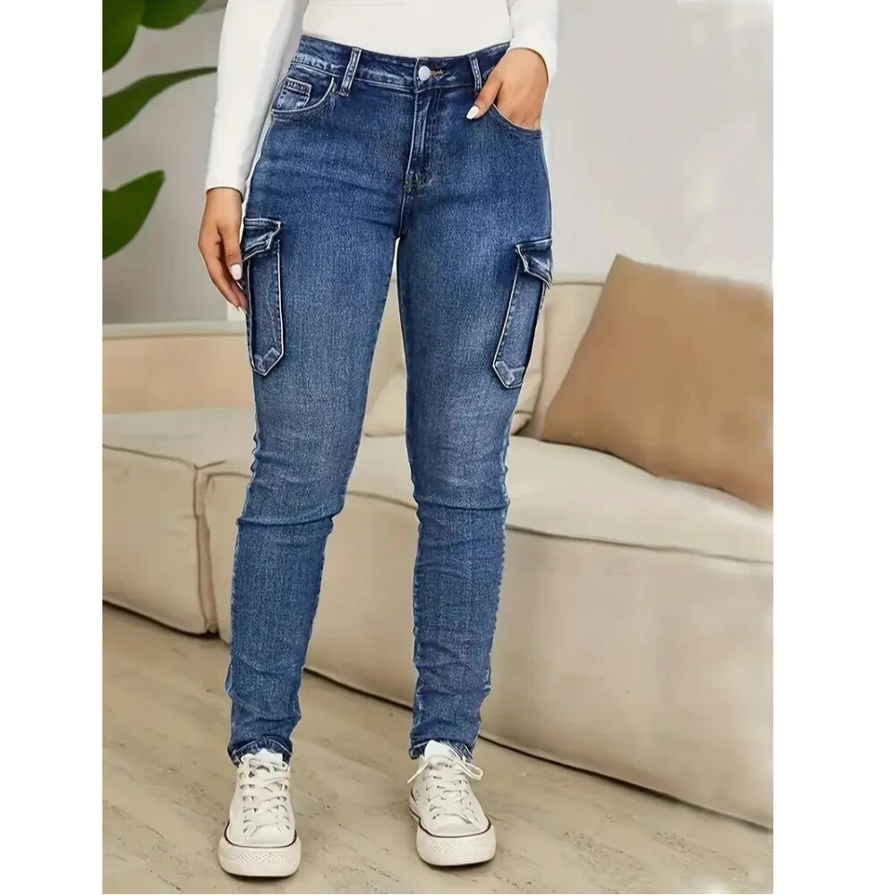 Plus Size Women's High Elastic Skinny Jeans Autumn Winter New Style Large Size Cross-Border Multiple Pockets Blue Denim Pants