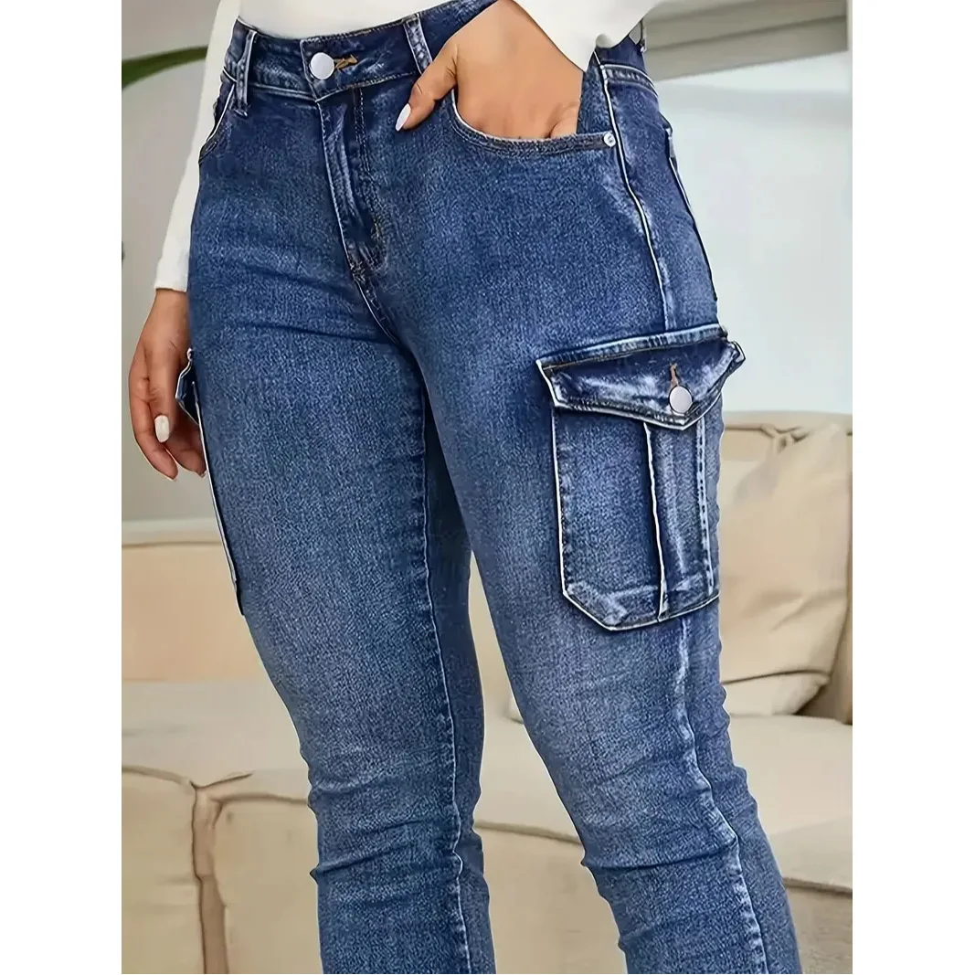 Plus Size Women's High Elastic Skinny Jeans Autumn Winter New Style Large Size Cross-Border Multiple Pockets Blue Denim Pants - Image 2