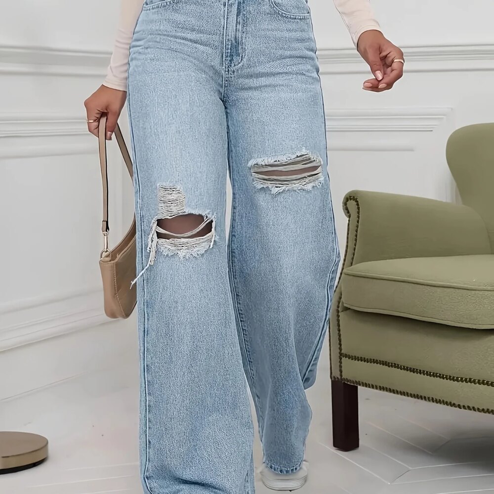 Plus size women's jeans fashion stretch ripped trousers j classic five-pocket cut jeans