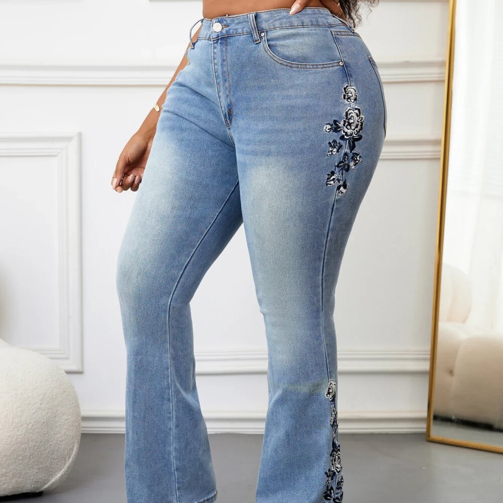 Plus Size Elegant Bootcut Denim Jeans for Women Tummy Control High Rise Curvy Fit Floral Design Slimming Dressy Jeans Pants