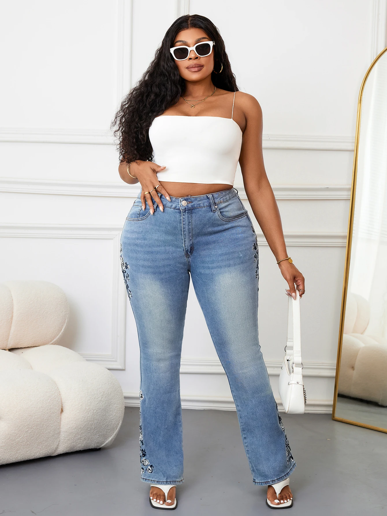 Plus Size Elegant Bootcut Denim Jeans for Women Tummy Control High Rise Curvy Fit Floral Design Slimming Dressy Jeans Pants - Image 3