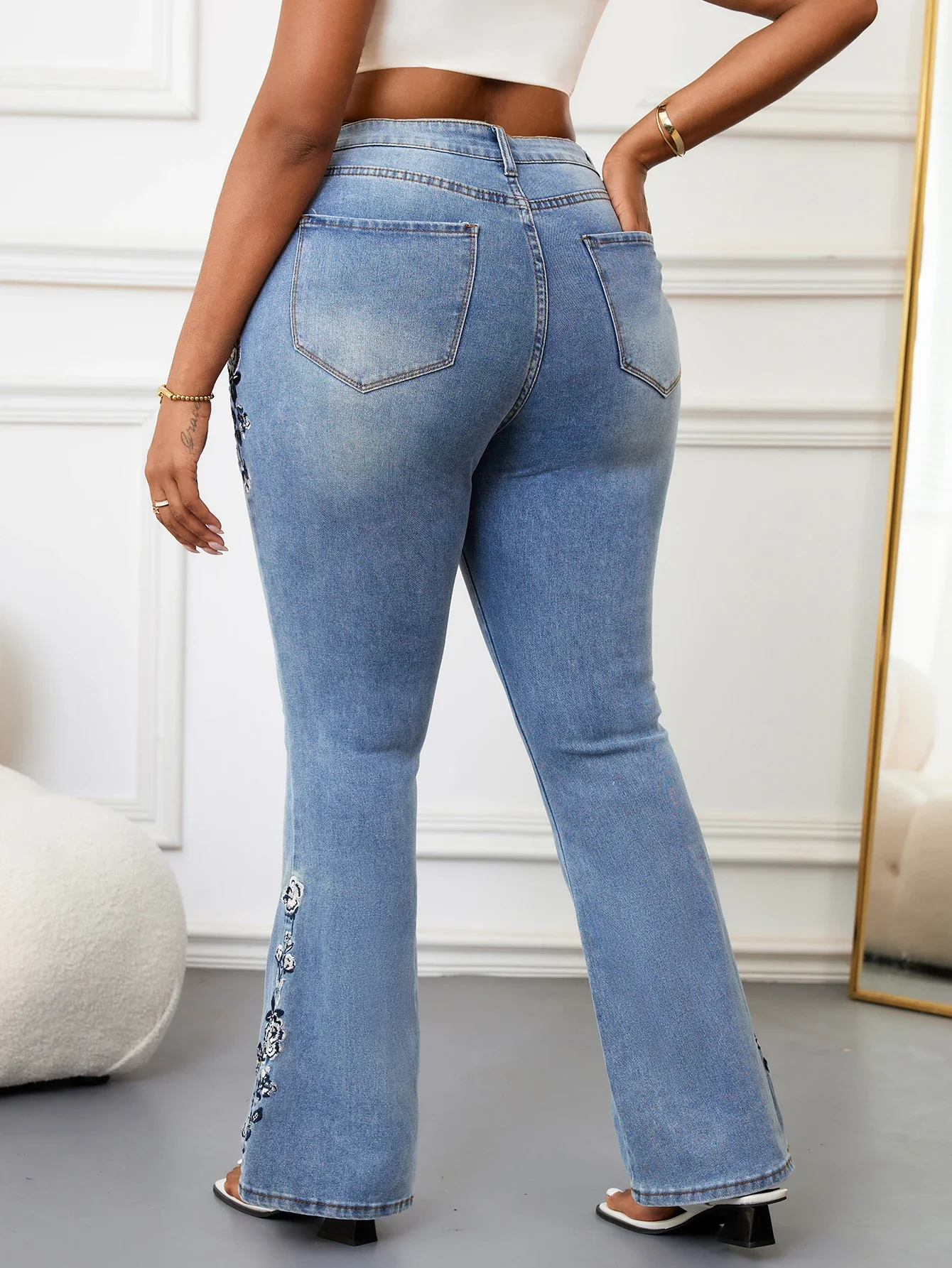 Plus Size Elegant Bootcut Denim Jeans for Women Tummy Control High Rise Curvy Fit Floral Design Slimming Dressy Jeans Pants - Image 6