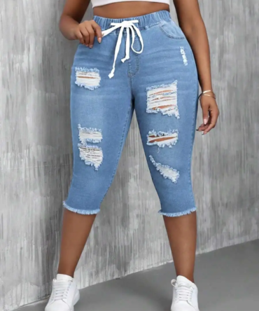ZMTUO Women's Plus size Distressed Denim Capri Pants Elastic Waist Drawstring Casual Streetwear Summer Fashion Comfort style