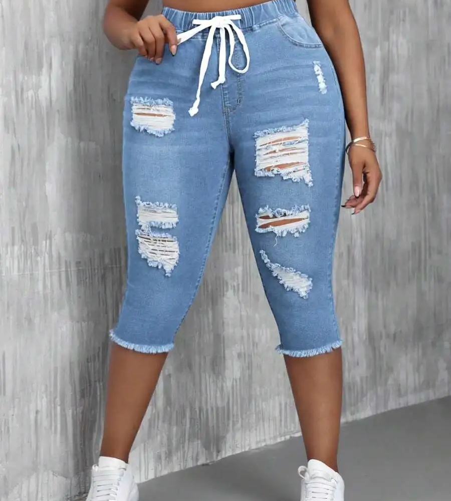 ZMTUO Women's Plus size Distressed Denim Capri Pants Elastic Waist Drawstring Casual Streetwear Summer Fashion Comfort style